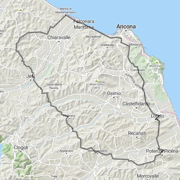 Miniature de la carte de l'inspiration cycliste "Itinéraire des Monts Sibillini" dans la Marche, Italy. Générée par le planificateur d'itinéraire cycliste Tarmacs.app