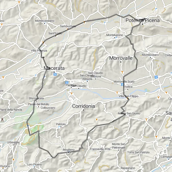 Miniatura della mappa di ispirazione al ciclismo "Giro in bicicletta panoramico attraverso i Monti Sibillini" nella regione di Marche, Italy. Generata da Tarmacs.app, pianificatore di rotte ciclistiche