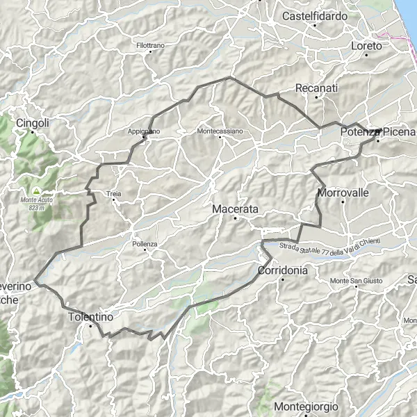 Miniatura della mappa di ispirazione al ciclismo "Tour delle Colline e Borghi Medievali" nella regione di Marche, Italy. Generata da Tarmacs.app, pianificatore di rotte ciclistiche