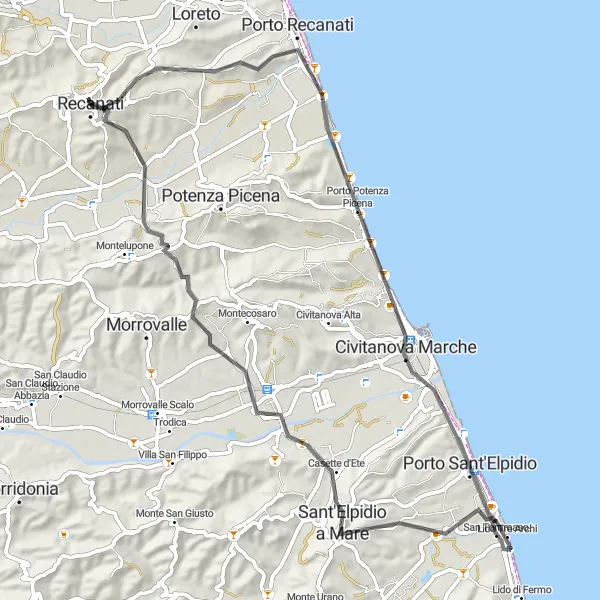 Miniatura della mappa di ispirazione al ciclismo "Giro in bicicletta da Recanati a Porto Recanati e Porto Sant'Elpidio" nella regione di Marche, Italy. Generata da Tarmacs.app, pianificatore di rotte ciclistiche