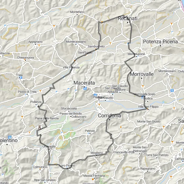 Map miniature of "Recanati - Piceno Loop" cycling inspiration in Marche, Italy. Generated by Tarmacs.app cycling route planner
