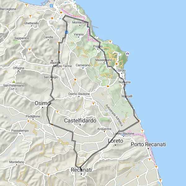 Map miniature of "Recanati - Numana loop" cycling inspiration in Marche, Italy. Generated by Tarmacs.app cycling route planner