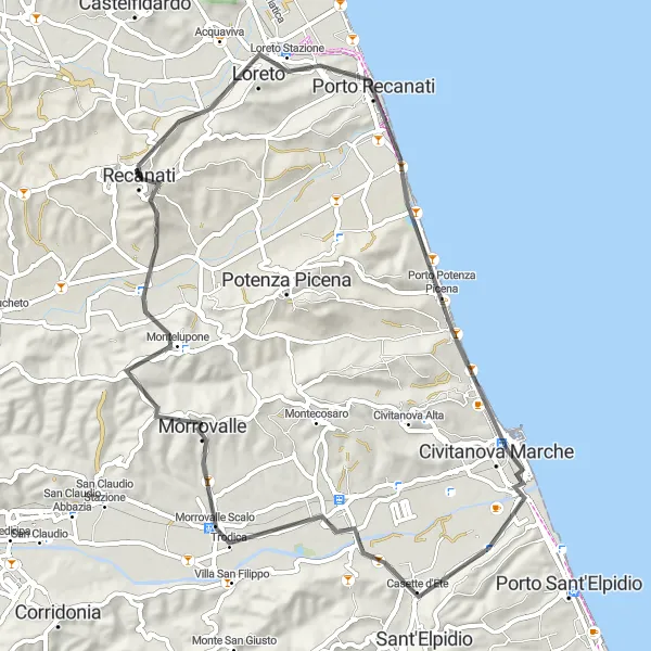 Miniatura della mappa di ispirazione al ciclismo "Giro in bicicletta da Recanati a Montelupone" nella regione di Marche, Italy. Generata da Tarmacs.app, pianificatore di rotte ciclistiche