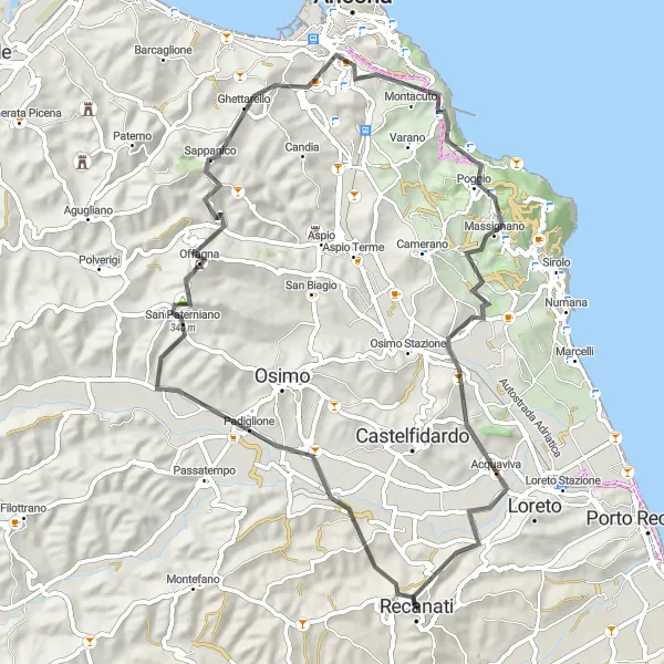 Map miniature of "Exploring the Coastline" cycling inspiration in Marche, Italy. Generated by Tarmacs.app cycling route planner