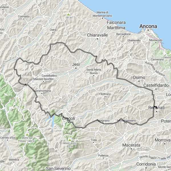 Miniatura della mappa di ispirazione al ciclismo "Grande Giro delle Marche" nella regione di Marche, Italy. Generata da Tarmacs.app, pianificatore di rotte ciclistiche