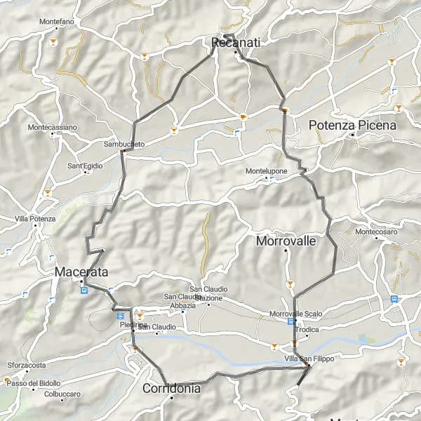 Miniatura della mappa di ispirazione al ciclismo "Percorso ciclistico da Recanati a Macerata" nella regione di Marche, Italy. Generata da Tarmacs.app, pianificatore di rotte ciclistiche