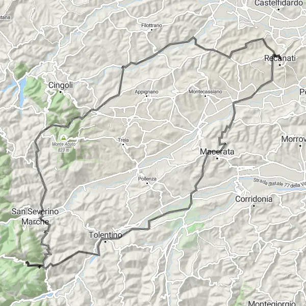 Map miniature of "The Challenge of Tolentino" cycling inspiration in Marche, Italy. Generated by Tarmacs.app cycling route planner