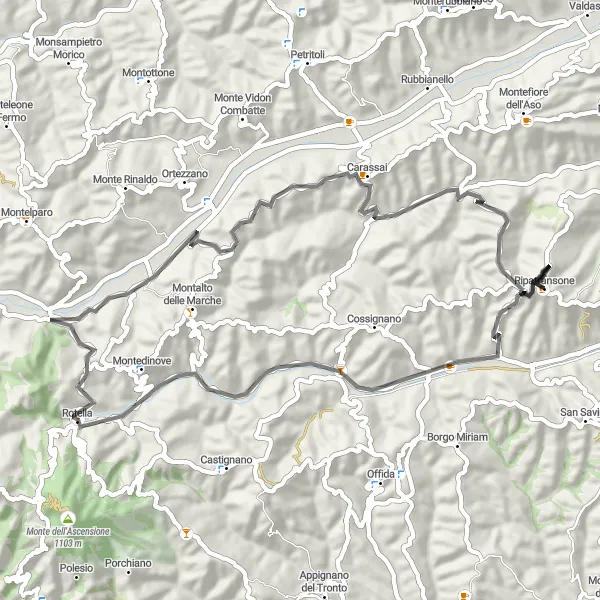 Miniatura della mappa di ispirazione al ciclismo "Tour breve tra Santa Maria Goretti e Carassai" nella regione di Marche, Italy. Generata da Tarmacs.app, pianificatore di rotte ciclistiche