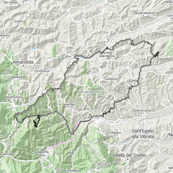 Map miniature of "Mountainous Journey" cycling inspiration in Marche, Italy. Generated by Tarmacs.app cycling route planner