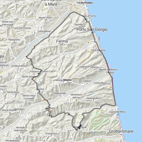 Miniatura della mappa di ispirazione al ciclismo "Giro in bicicletta da Ripatransone a Marina Palmense" nella regione di Marche, Italy. Generata da Tarmacs.app, pianificatore di rotte ciclistiche