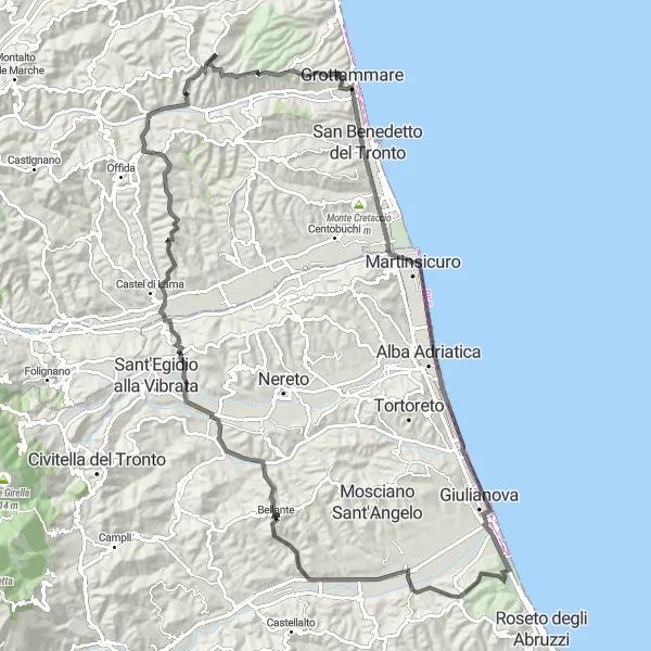 Miniatura della mappa di ispirazione al ciclismo "Biciclettata alla scoperta di castelli e borghi medievali" nella regione di Marche, Italy. Generata da Tarmacs.app, pianificatore di rotte ciclistiche