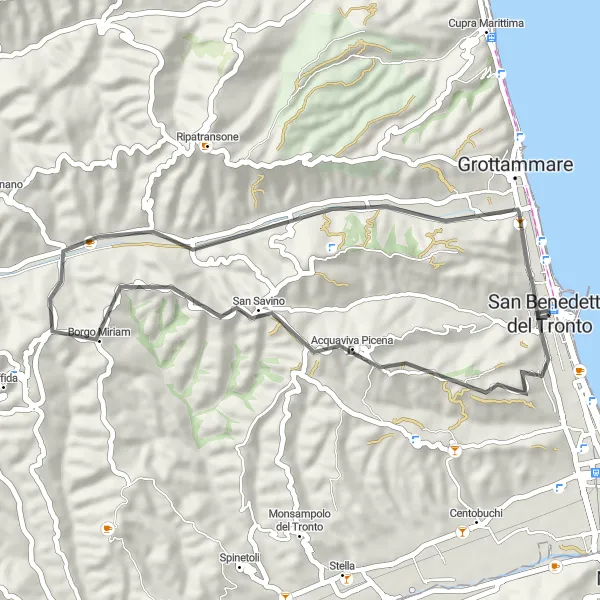 Miniature de la carte de l'inspiration cycliste "Escapade à Acquaviva Picena" dans la Marche, Italy. Générée par le planificateur d'itinéraire cycliste Tarmacs.app