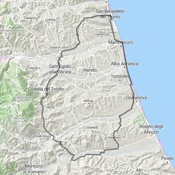 Miniatura della mappa di ispirazione al ciclismo "Tour panoramico da San Benedetto del Tronto a Teramo" nella regione di Marche, Italy. Generata da Tarmacs.app, pianificatore di rotte ciclistiche