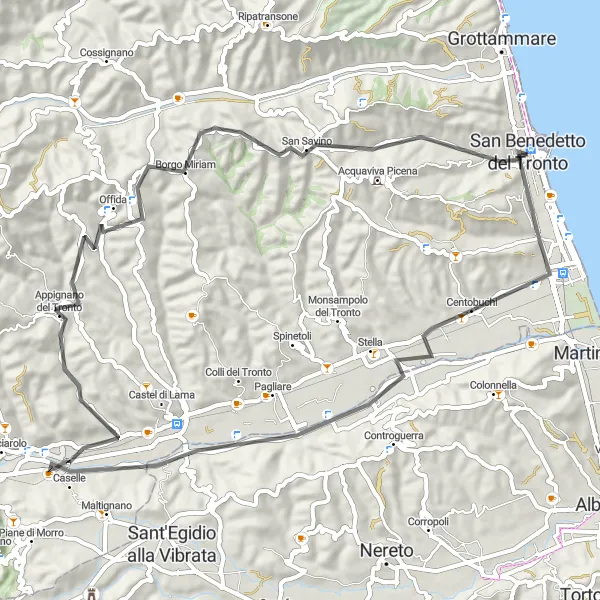 Miniature de la carte de l'inspiration cycliste "L'Exploration des Collines d'Ascoli" dans la Marche, Italy. Générée par le planificateur d'itinéraire cycliste Tarmacs.app