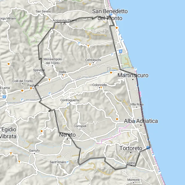 Map miniature of "Adriatic Coast and Inland Loop" cycling inspiration in Marche, Italy. Generated by Tarmacs.app cycling route planner