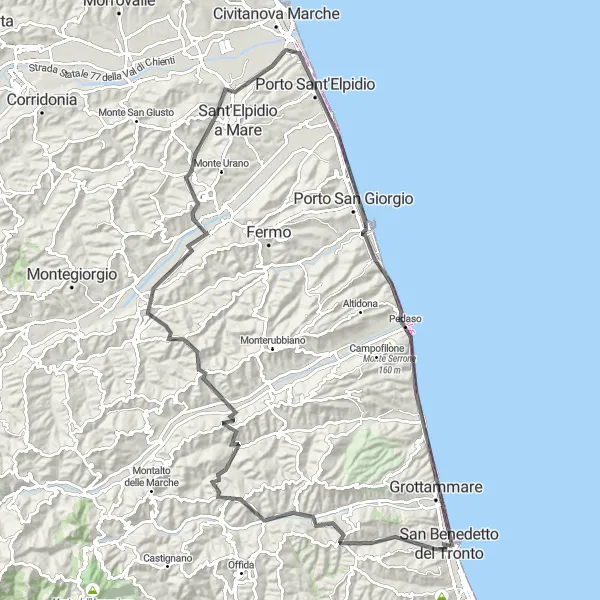 Miniatura della mappa di ispirazione al ciclismo "Tra le colline da Porto San Giorgio a Grottammare" nella regione di Marche, Italy. Generata da Tarmacs.app, pianificatore di rotte ciclistiche