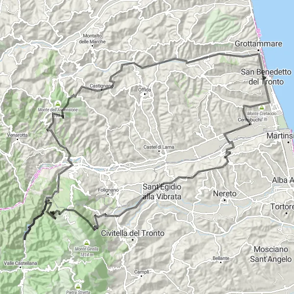 Map miniature of "Mountainous Adventure in Marche" cycling inspiration in Marche, Italy. Generated by Tarmacs.app cycling route planner