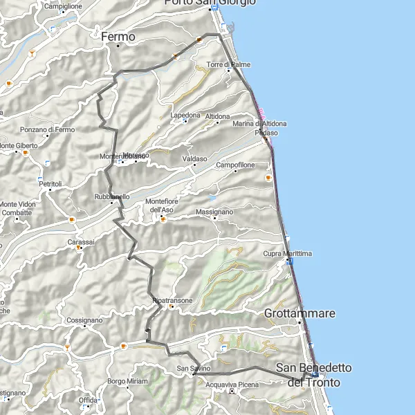 Miniature de la carte de l'inspiration cycliste "Les Collines de Monterubbiano" dans la Marche, Italy. Générée par le planificateur d'itinéraire cycliste Tarmacs.app