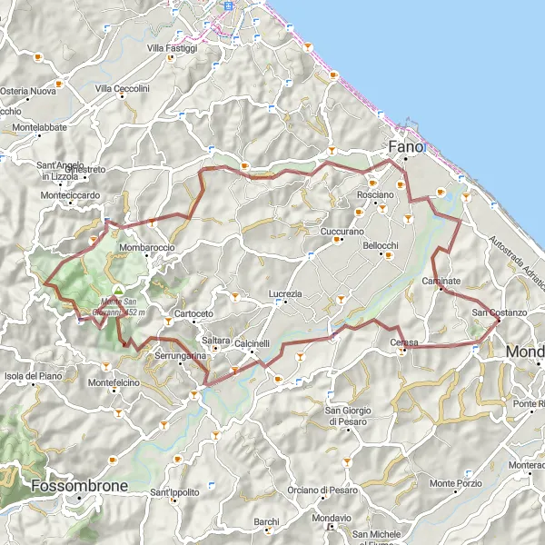 Miniatura della mappa di ispirazione al ciclismo "Percorso in gravel da San Costanzo a Monte S. Giovanni" nella regione di Marche, Italy. Generata da Tarmacs.app, pianificatore di rotte ciclistiche