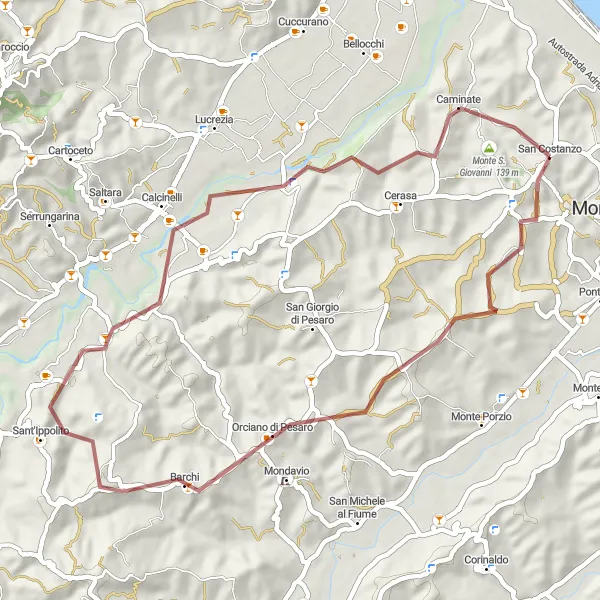 Map miniature of "The Calcinelli Loop" cycling inspiration in Marche, Italy. Generated by Tarmacs.app cycling route planner