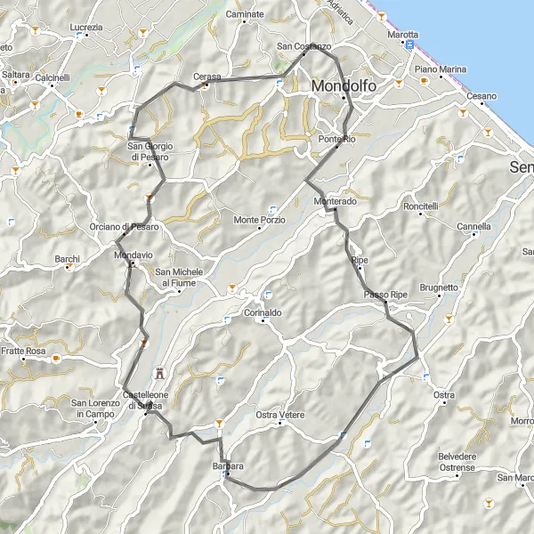Miniatuurkaart van de fietsinspiratie "Rondrit via Mondolfo en Mondavio" in Marche, Italy. Gemaakt door de Tarmacs.app fietsrouteplanner