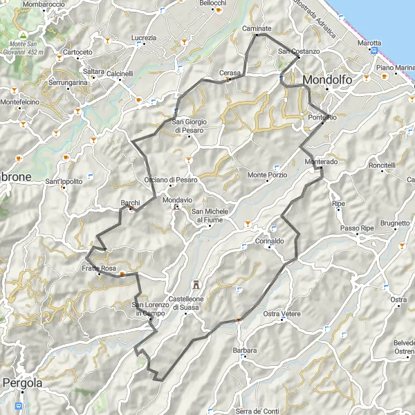 Map miniature of "The Piagge Ride" cycling inspiration in Marche, Italy. Generated by Tarmacs.app cycling route planner