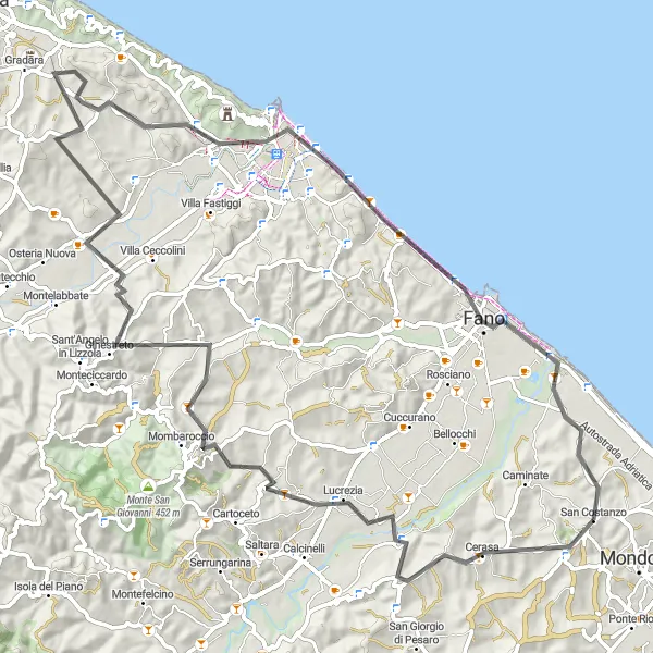 Miniatura della mappa di ispirazione al ciclismo "Giro in bici Monte Merro" nella regione di Marche, Italy. Generata da Tarmacs.app, pianificatore di rotte ciclistiche