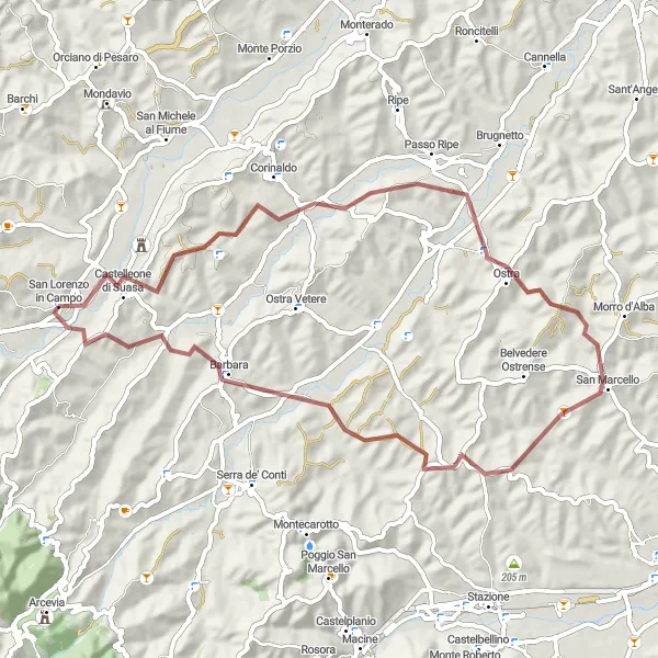 Map miniature of "Hidden Gems: San Lorenzo in Campo to Barbara Gravel Route" cycling inspiration in Marche, Italy. Generated by Tarmacs.app cycling route planner