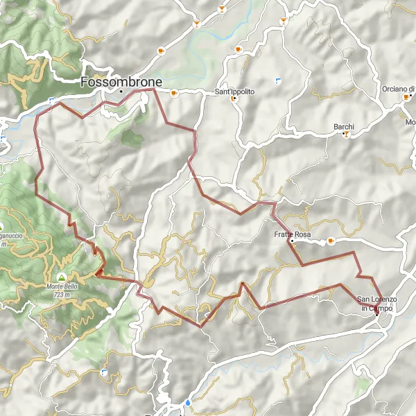 Map miniature of "San Lorenzo to Fossombrone Gravel Adventure" cycling inspiration in Marche, Italy. Generated by Tarmacs.app cycling route planner