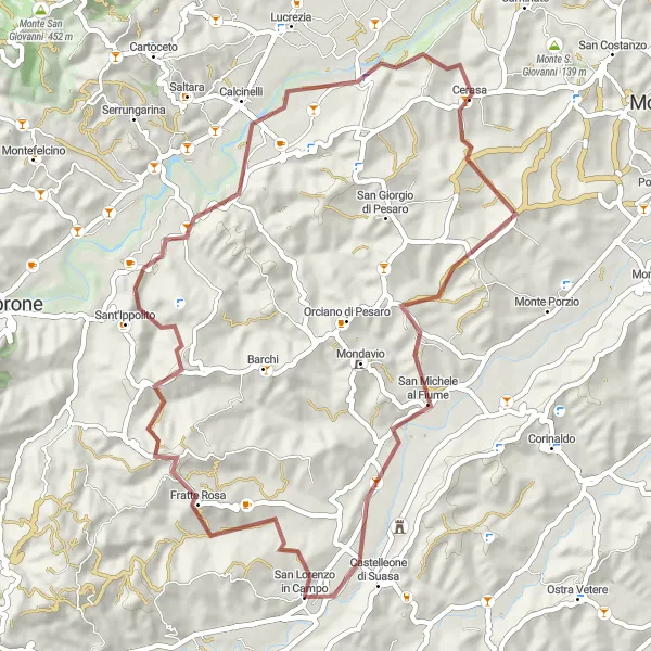 Miniatura della mappa di ispirazione al ciclismo "Tour in gravel da San Lorenzo in Campo" nella regione di Marche, Italy. Generata da Tarmacs.app, pianificatore di rotte ciclistiche