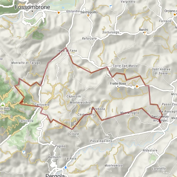 Map miniature of "San Lorenzo to Monte Fattore Gravel Route" cycling inspiration in Marche, Italy. Generated by Tarmacs.app cycling route planner