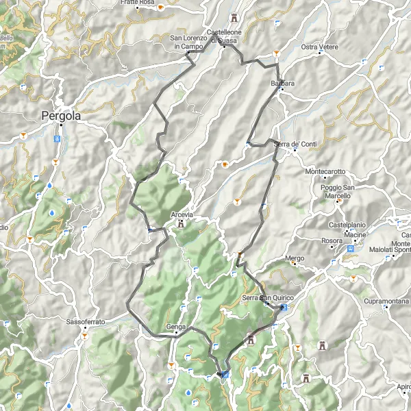 Map miniature of "San Lorenzo to Col di Marmi Scenic Route" cycling inspiration in Marche, Italy. Generated by Tarmacs.app cycling route planner