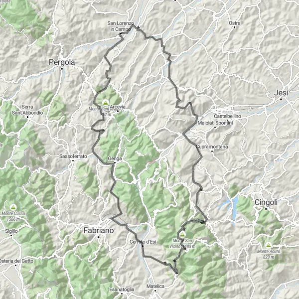 Karten-Miniaturansicht der Radinspiration "San Lorenzo in Campo und Monte Gallo Entdeckungstour" in Marche, Italy. Erstellt vom Tarmacs.app-Routenplaner für Radtouren