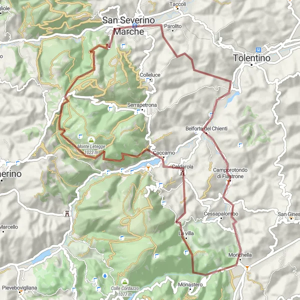 Map miniature of "San Severino Mountaineering" cycling inspiration in Marche, Italy. Generated by Tarmacs.app cycling route planner