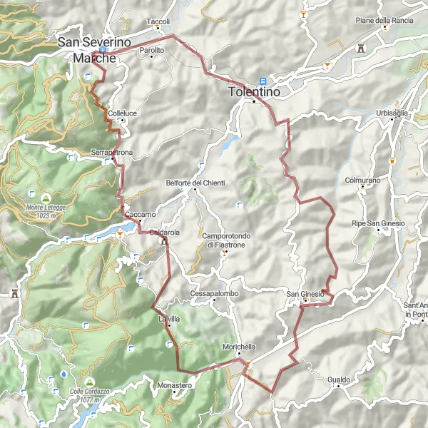 Karten-Miniaturansicht der Radinspiration "Herausfordernde Serrapetrona Strecke" in Marche, Italy. Erstellt vom Tarmacs.app-Routenplaner für Radtouren