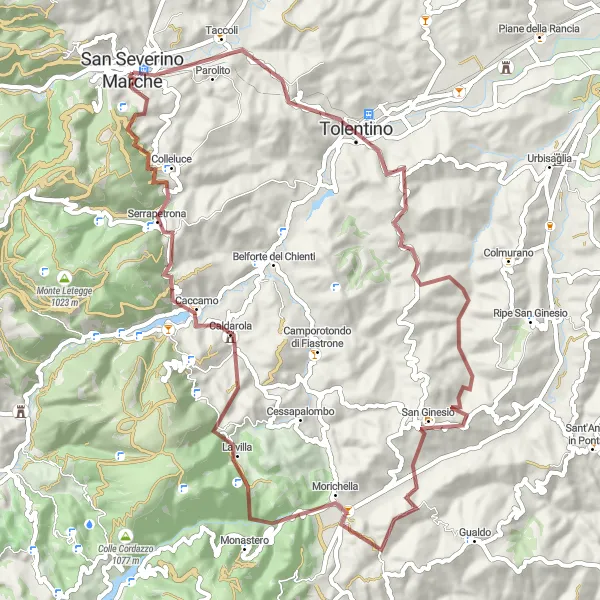 Miniatuurkaart van de fietsinspiratie "Avontuurlijke gravelroute in de omgeving van San Severino Marche" in Marche, Italy. Gemaakt door de Tarmacs.app fietsrouteplanner