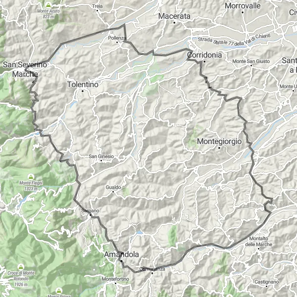 Miniatura della mappa di ispirazione al ciclismo "Tour panoramico attraverso le Marche" nella regione di Marche, Italy. Generata da Tarmacs.app, pianificatore di rotte ciclistiche