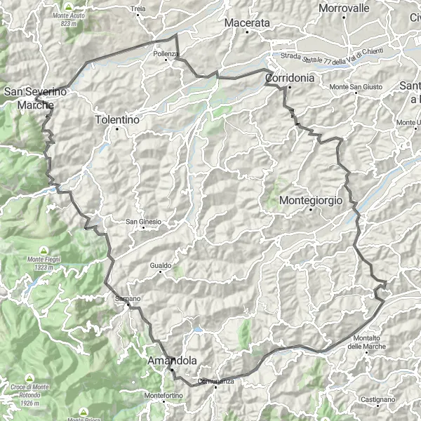 Map miniature of "The Grand Tour" cycling inspiration in Marche, Italy. Generated by Tarmacs.app cycling route planner