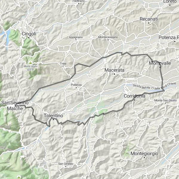 Miniature de la carte de l'inspiration cycliste "Circuit de la Vierge de la Montagne" dans la Marche, Italy. Générée par le planificateur d'itinéraire cycliste Tarmacs.app