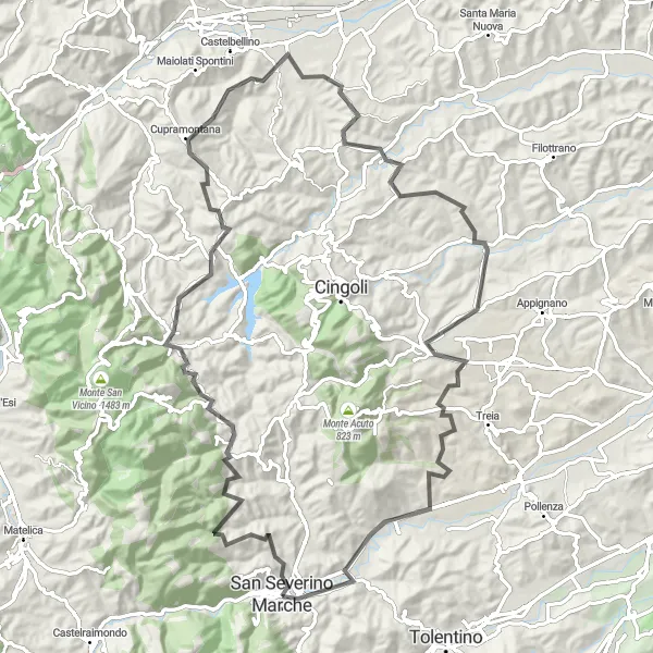 Miniatura della mappa di ispirazione al ciclismo "Tour in bicicletta attraverso i Monti Sibillini" nella regione di Marche, Italy. Generata da Tarmacs.app, pianificatore di rotte ciclistiche
