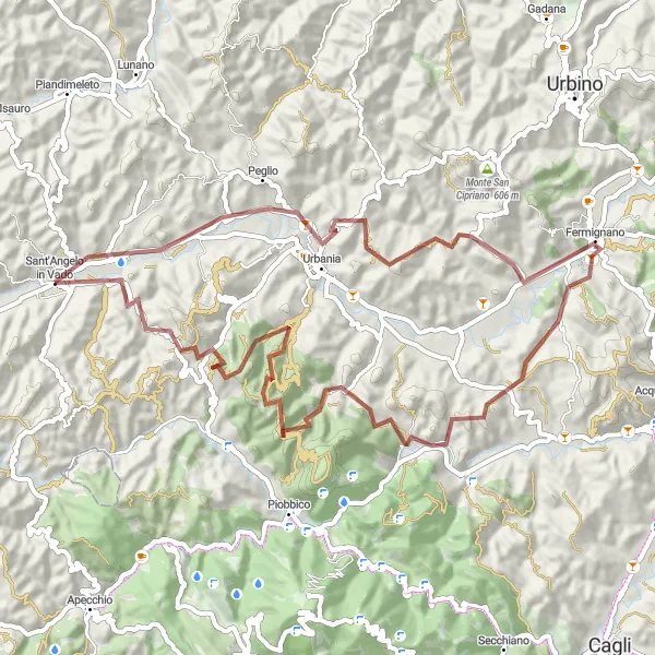 Miniatura della mappa di ispirazione al ciclismo "Mountain Adventure to Urbania" nella regione di Marche, Italy. Generata da Tarmacs.app, pianificatore di rotte ciclistiche