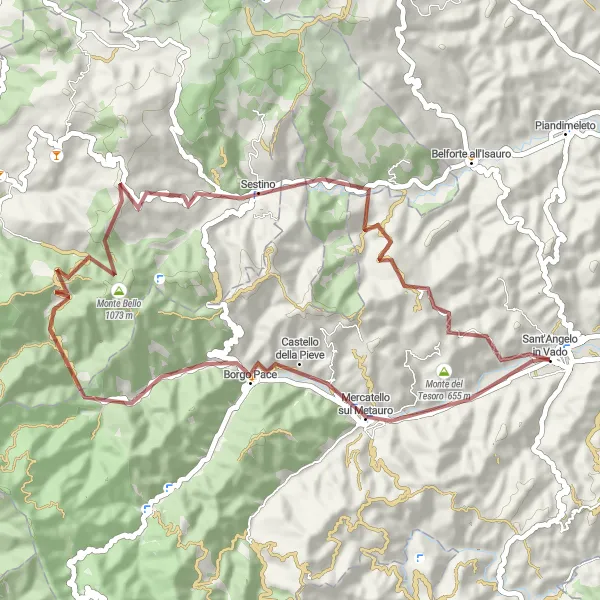 Map miniature of "Discovering the Val Metauro Gravel Route" cycling inspiration in Marche, Italy. Generated by Tarmacs.app cycling route planner