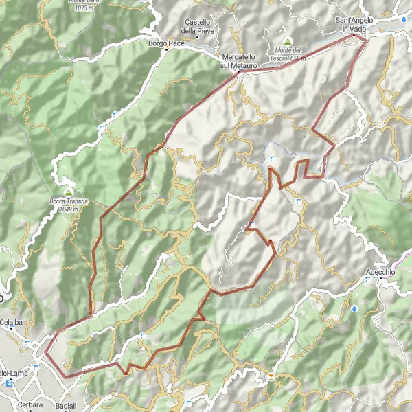 Miniatura della mappa di ispirazione al ciclismo "Exploring the Apennines on a Gravel Adventure" nella regione di Marche, Italy. Generata da Tarmacs.app, pianificatore di rotte ciclistiche