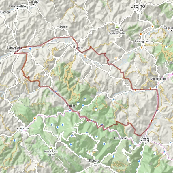 Miniature de la carte de l'inspiration cycliste "Parcours à travers Urbania et Piobbico" dans la Marche, Italy. Générée par le planificateur d'itinéraire cycliste Tarmacs.app