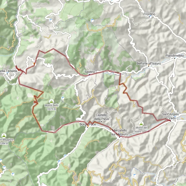 Miniatura della mappa di ispirazione al ciclismo "Gravel Bike Experience in the Apennines" nella regione di Marche, Italy. Generata da Tarmacs.app, pianificatore di rotte ciclistiche
