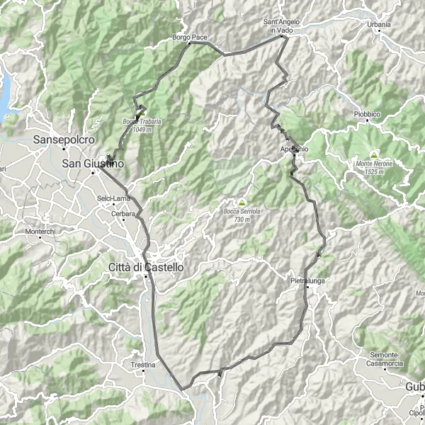 Miniature de la carte de l'inspiration cycliste "La boucle de Monte Vecchio" dans la Marche, Italy. Générée par le planificateur d'itinéraire cycliste Tarmacs.app