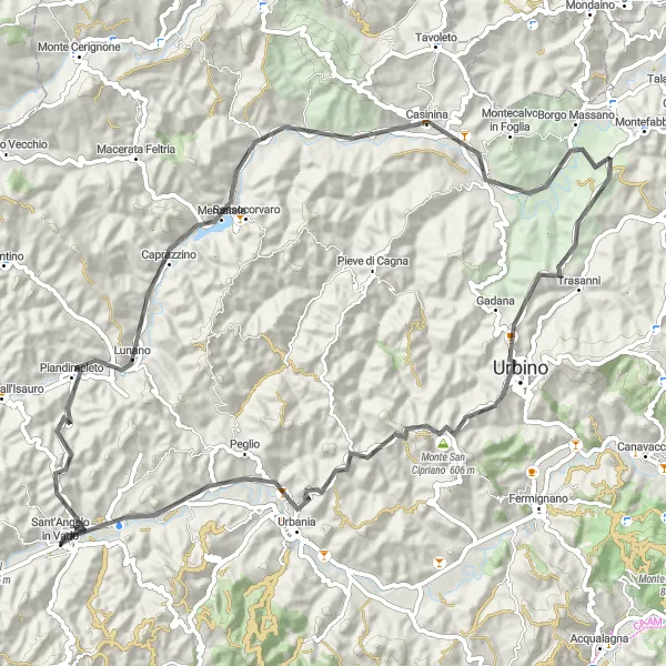 Miniatura della mappa di ispirazione al ciclismo "Road Cycling Tour to Urbania and Cascata del Sasso" nella regione di Marche, Italy. Generata da Tarmacs.app, pianificatore di rotte ciclistiche