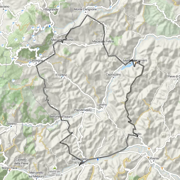 Miniatuurkaart van de fietsinspiratie "Beklimming van Monte Castellaro en meer" in Marche, Italy. Gemaakt door de Tarmacs.app fietsrouteplanner
