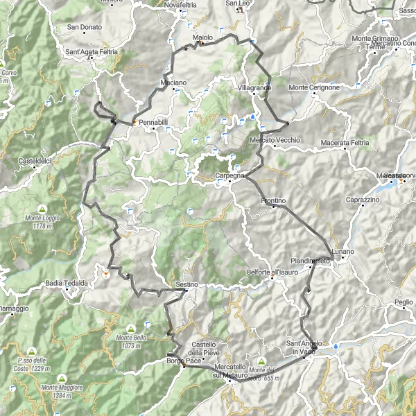 Miniatuurkaart van de fietsinspiratie "Verkenning van Lunano en Monte Maggio" in Marche, Italy. Gemaakt door de Tarmacs.app fietsrouteplanner