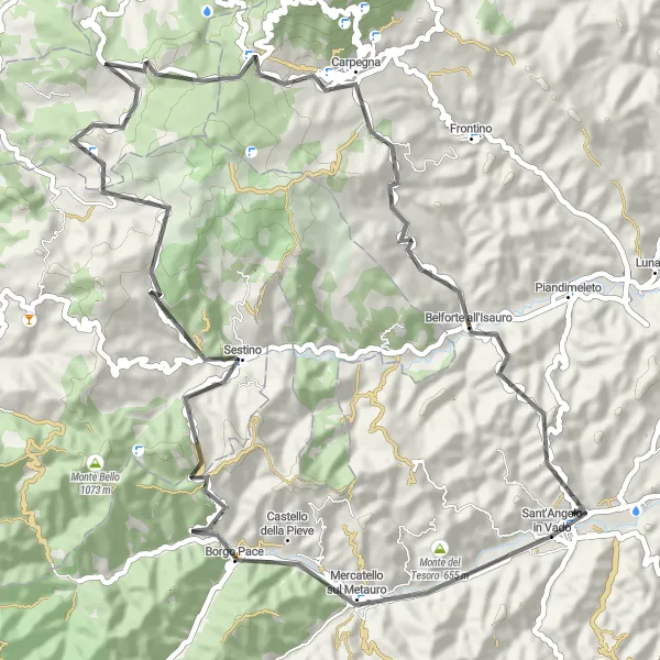 Miniature de la carte de l'inspiration cycliste "Les pentes de Poggio di Miratoio" dans la Marche, Italy. Générée par le planificateur d'itinéraire cycliste Tarmacs.app
